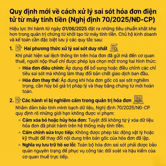 Xử lý sai sót hóa đơn điện tử từ máy tính tiền đúng Nghị định 70/2025/NĐ-CP