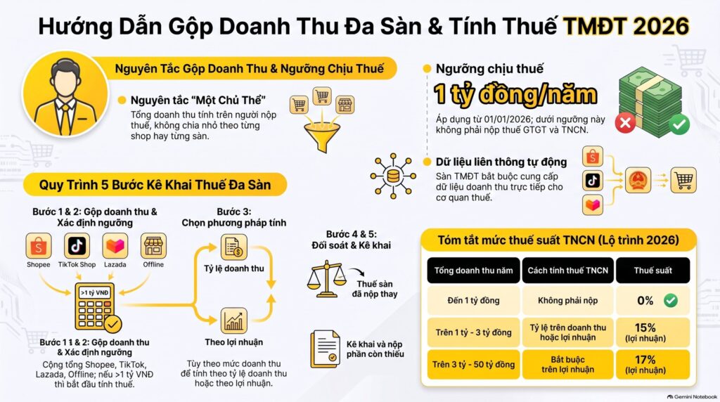 Gộp doanh thu nhiều sàn tính thuế cho shop bán Shopee TikTok Lazada