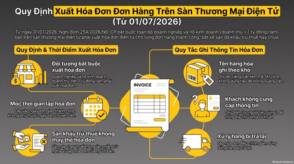 Cách xuất hóa đơn cho đơn hàng trên sàn theo Nghị định 254/2026/NĐ-CP
