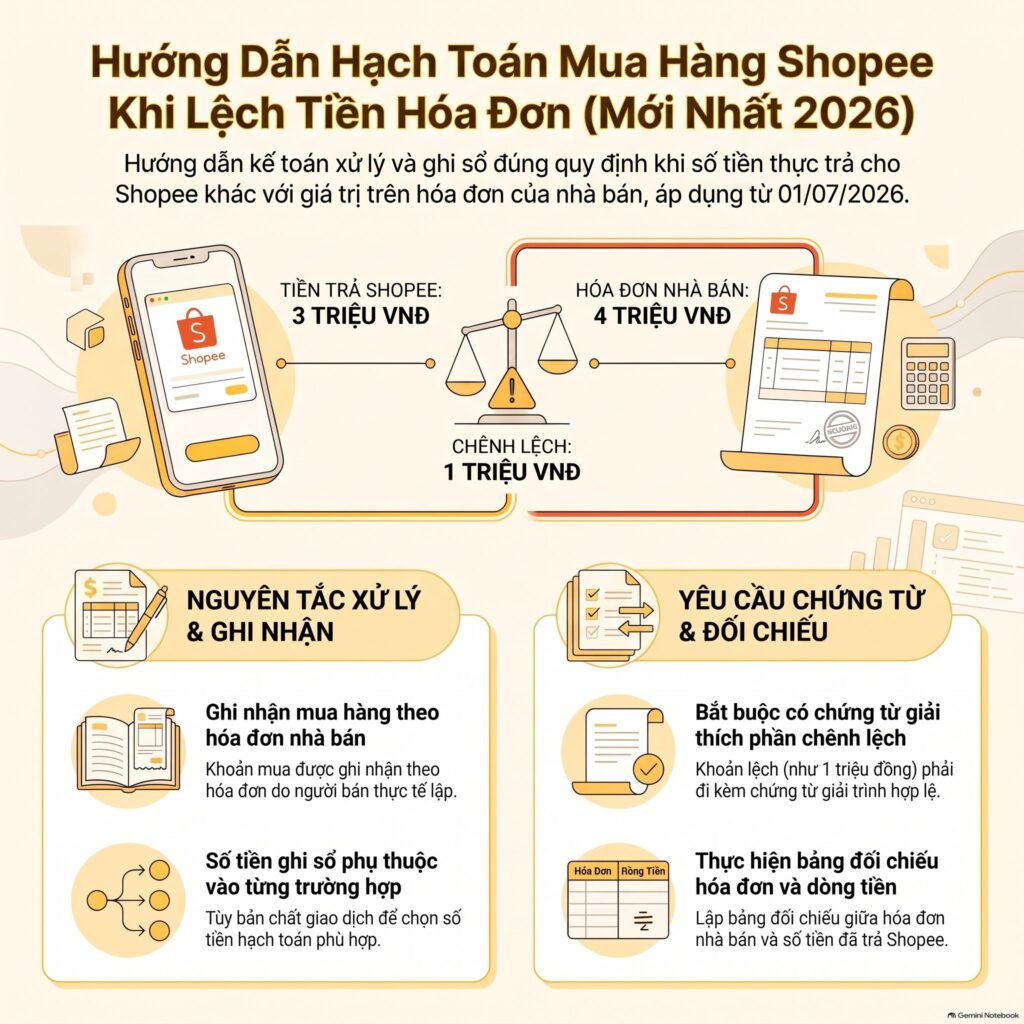 Sơ đồ hạch toán mua hàng trên Shopee khi hóa đơn 4 triệu lệch tiền trả 3 triệu