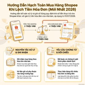Sơ đồ hạch toán mua hàng trên Shopee khi hóa đơn 4 triệu lệch tiền trả 3 triệu