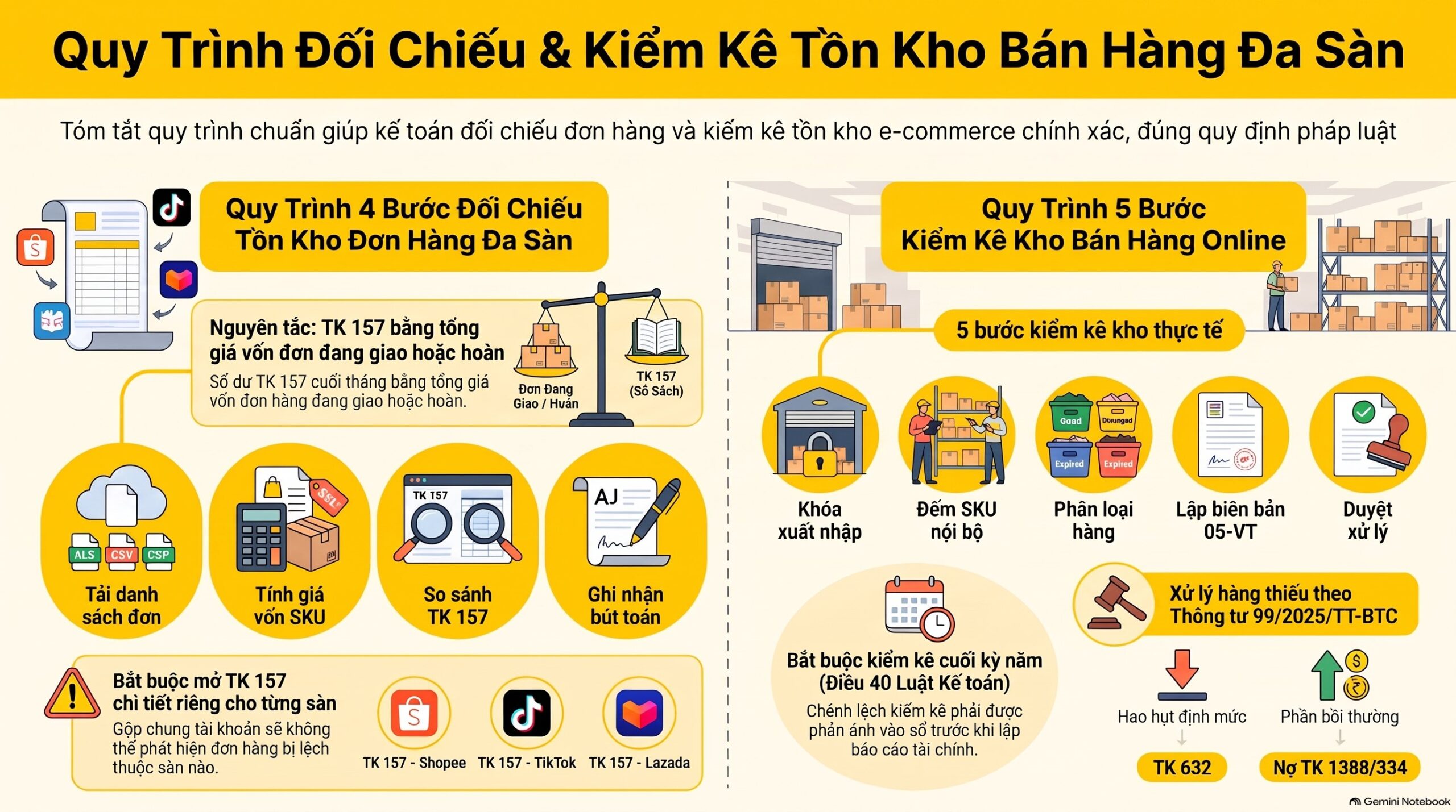 Quản lý tồn kho bán hàng đa sàn hạch toán thế nào? 5 bút toán TK 157 mới nhất 2026