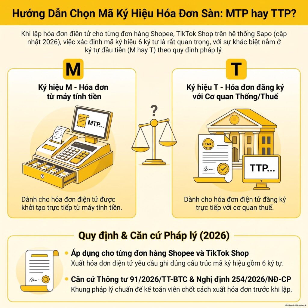 Bảng mã ký hiệu 6 ký tự khi xuất hóa đơn đơn sàn: chữ M máy tính tiền, chữ T đăng ký cơ quan thuế