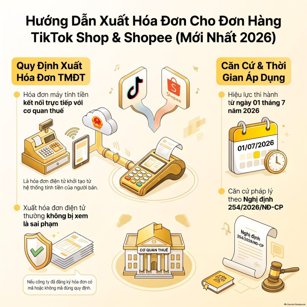 Hóa đơn máy tính tiền và hóa đơn thường cho đơn TikTok Shop, Shopee