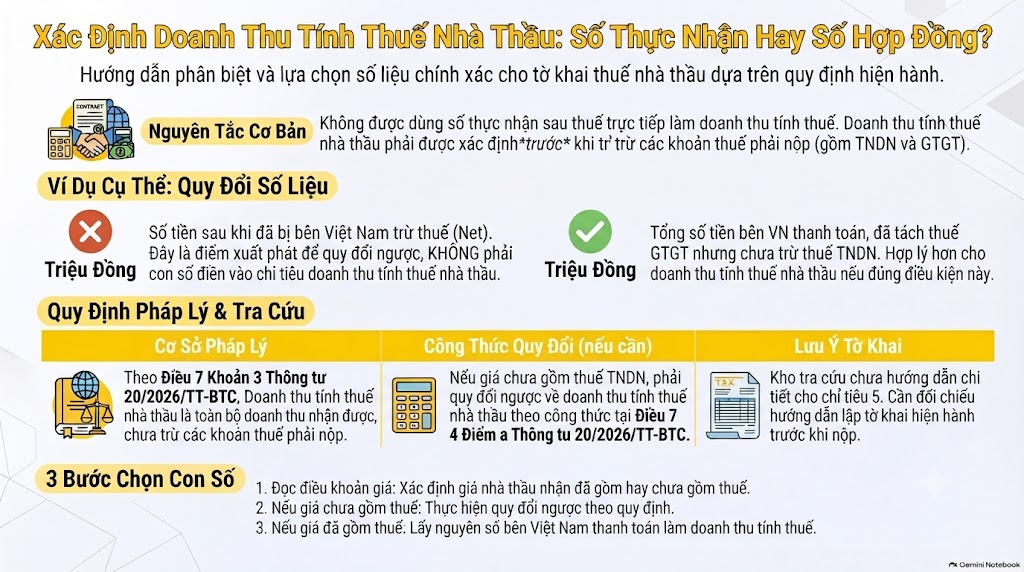 Doanh thu tính thuế nhà thầu ghi thế nào? 3 trường hợp mới nhất 2026