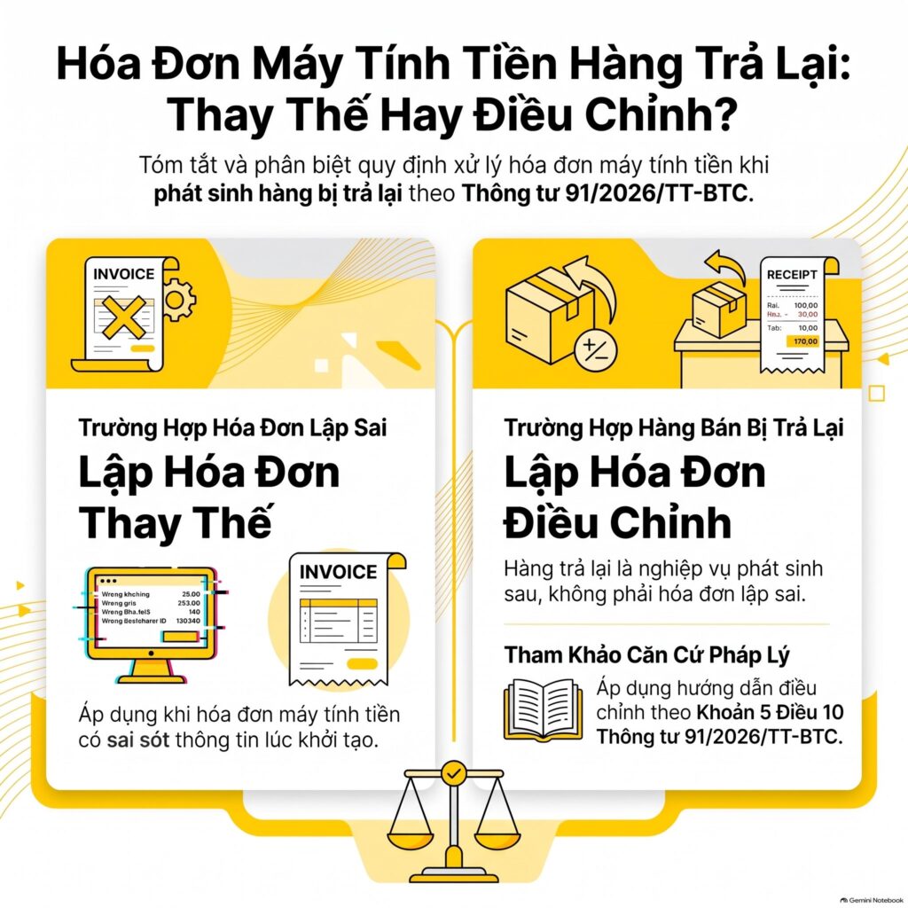 Hóa đơn máy tính tiền hàng trả lại: lập thay thế hay điều chỉnh theo Thông tư 91/2026/TT-BTC