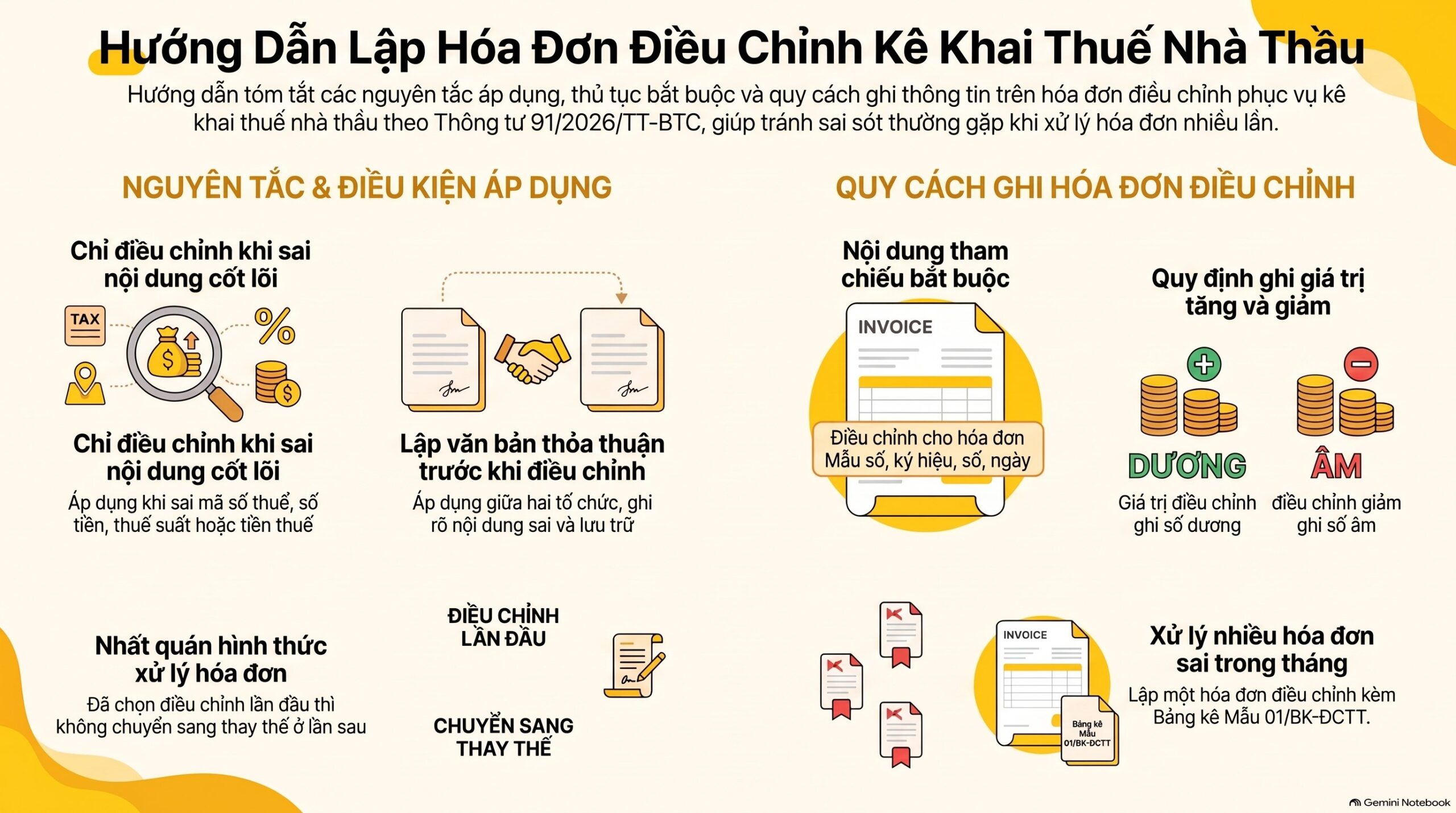 Kê khai thuế nhà thầu hóa đơn điều chỉnh ghi thế nào? Mới nhất 2026