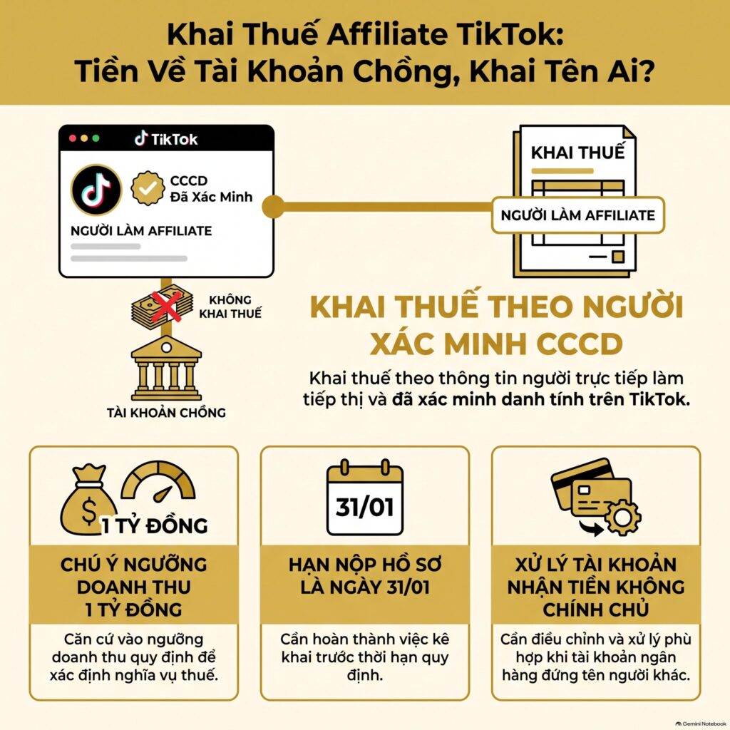 Khai thuế affiliate TikTok khi hoa hồng về tài khoản chồng