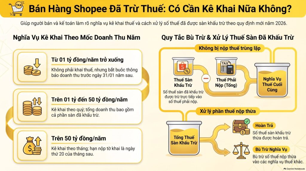Kế toán đối chiếu shopee đã trừ thuế có phải kê khai thuế nữa không trên sao kê Seller Center